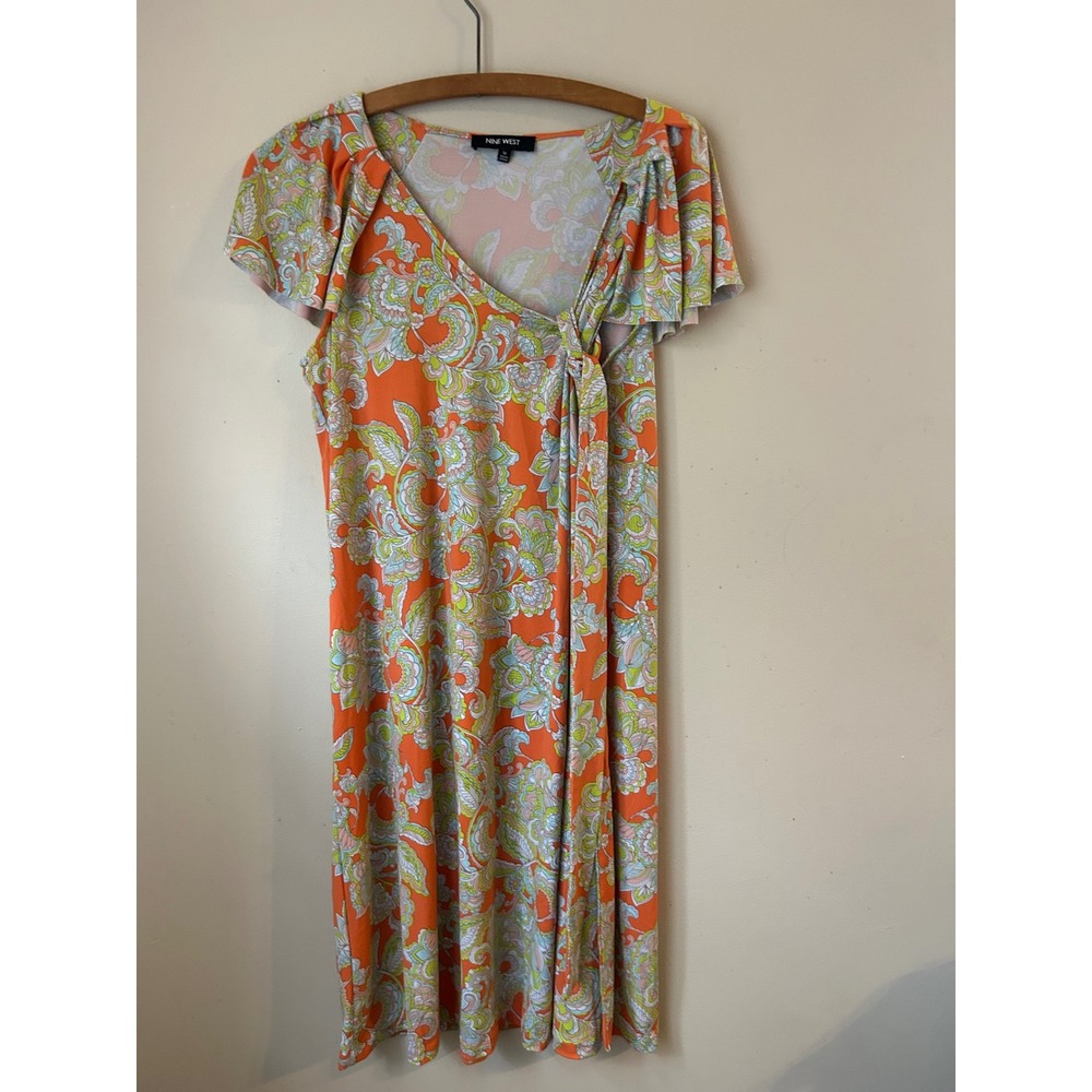 90s Nine‎ West Orange Paisley Wrap Midi Dress Flutter Size M Boho Garden Casual